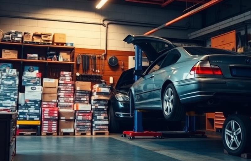 Car raised on lift inside workshop with shelves of automotive parts and tools
