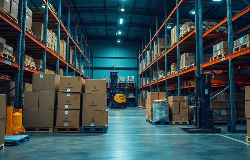 Industrial warehouse with pallet racking and boxed goods ready for manufacturing parts delivery