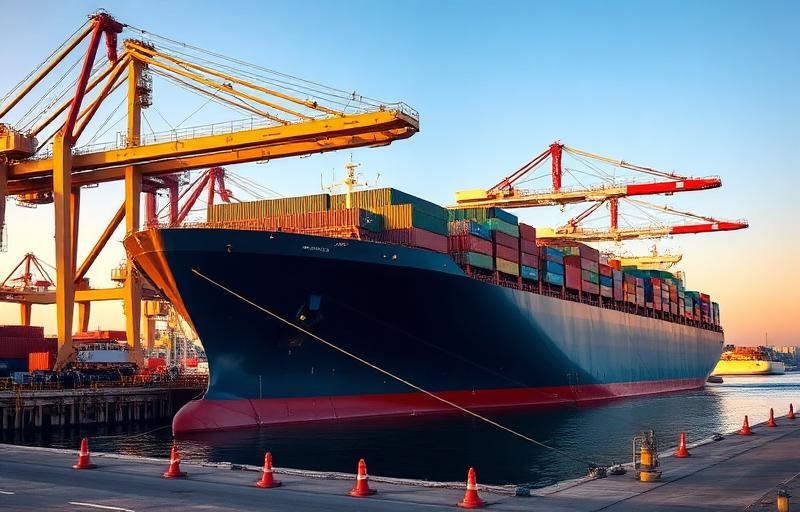 Container ship docked at port with cranes loading cargo for maritime delivery