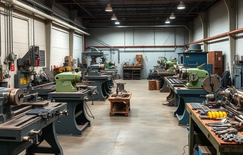 Industrial machine workshop with lathes and equipment for mechanical parts servicing